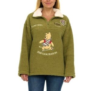 Disney Winnie the Pooh Fuzzy Green Sherpa Quarter Zip Pullover Sweatshirt